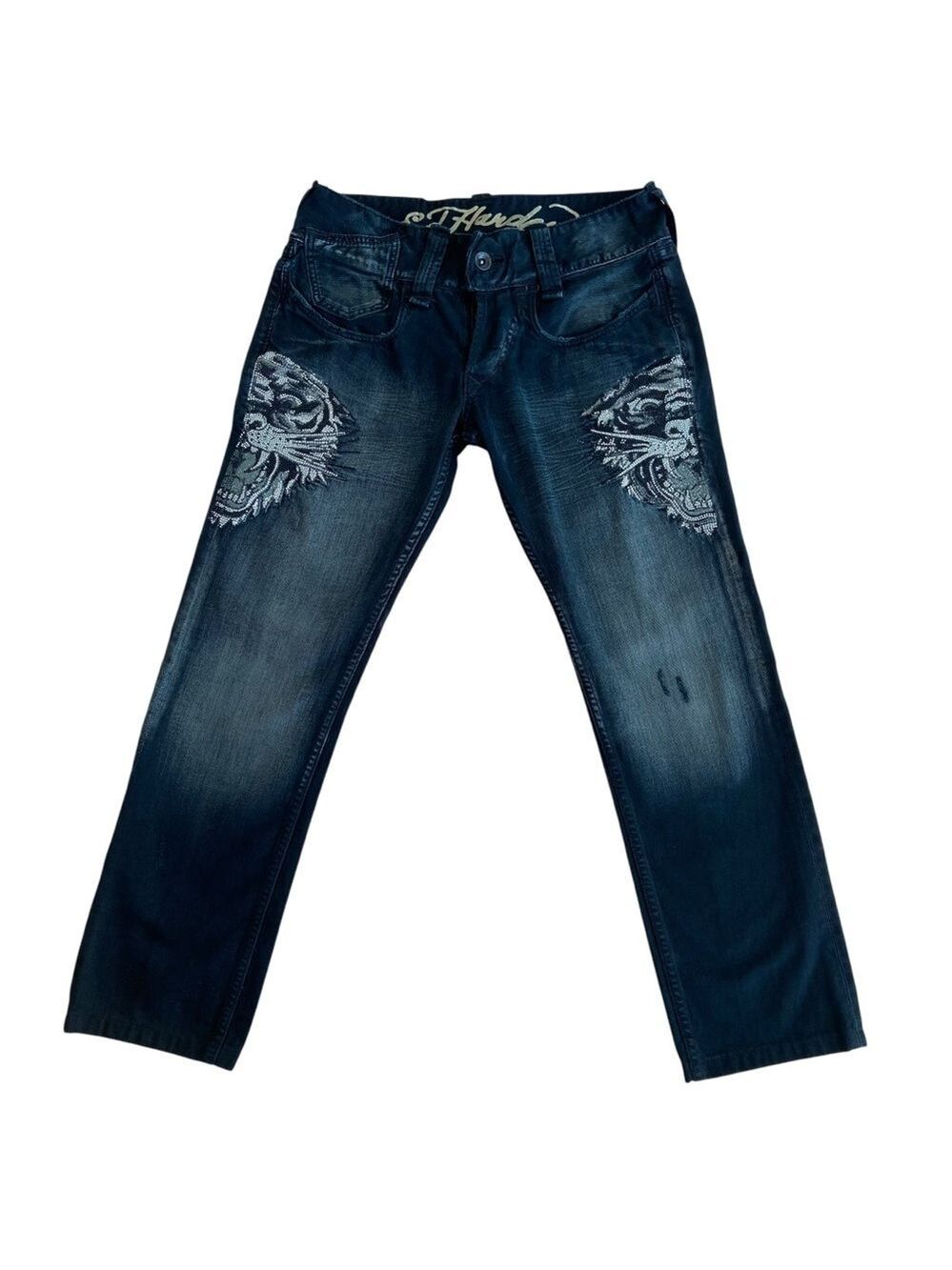 Ed Hardy black jeans button fly stunning artwork beaded tiger design size 34